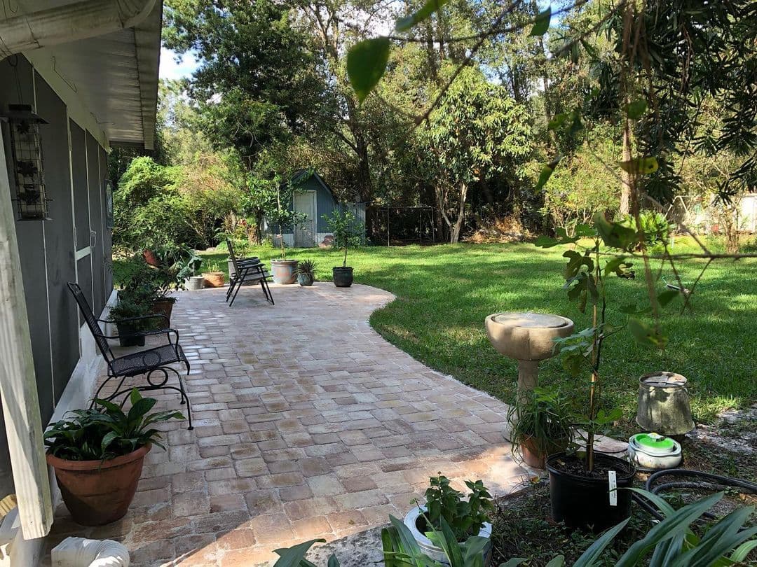 Scenic backyard view with patio, greenery, birdbath, and garden pots.