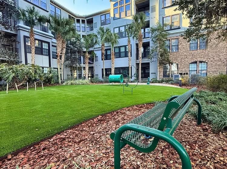 Green grass area with palm trees, a bench, and a dog park in an apartment complex courtyard.