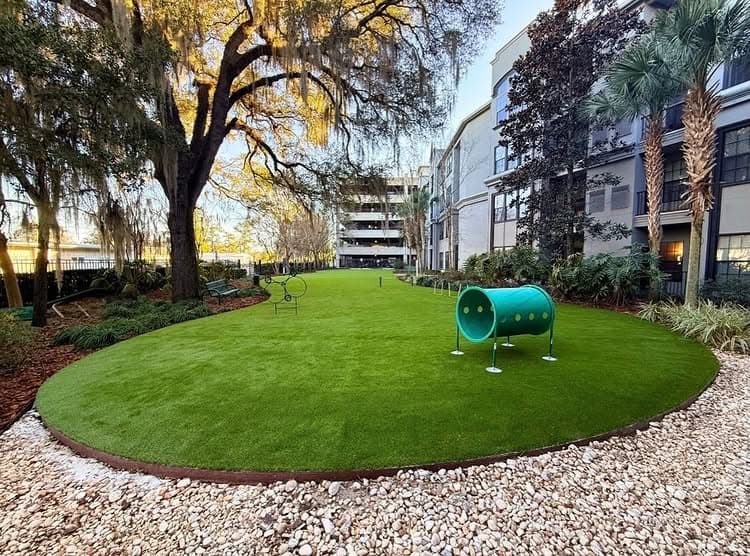 Lush green pet-friendly dog park with agility tunnel and scenic landscaping.