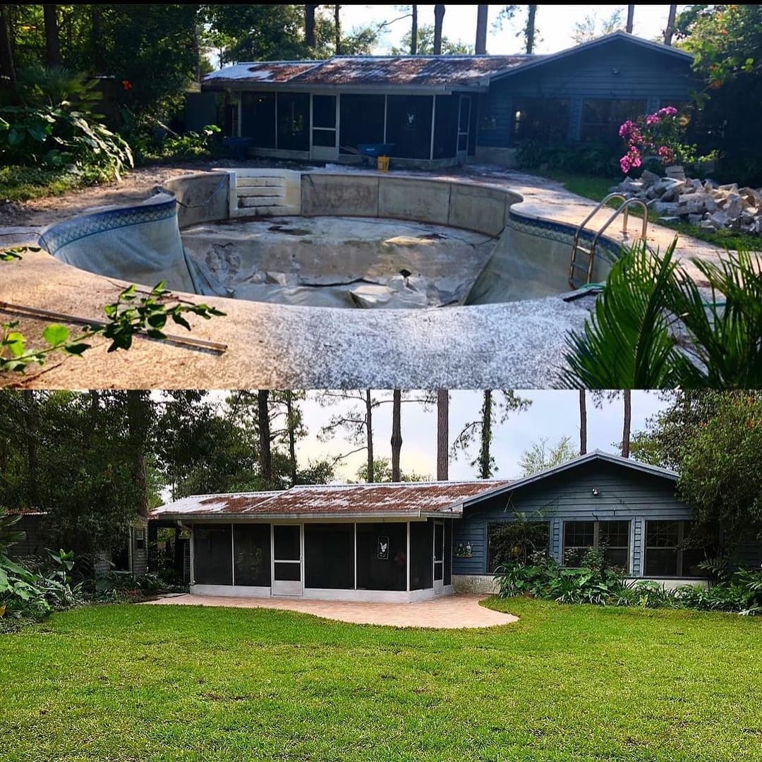 Before and after transformation of a swimming pool area with renovated backyard and cottage.